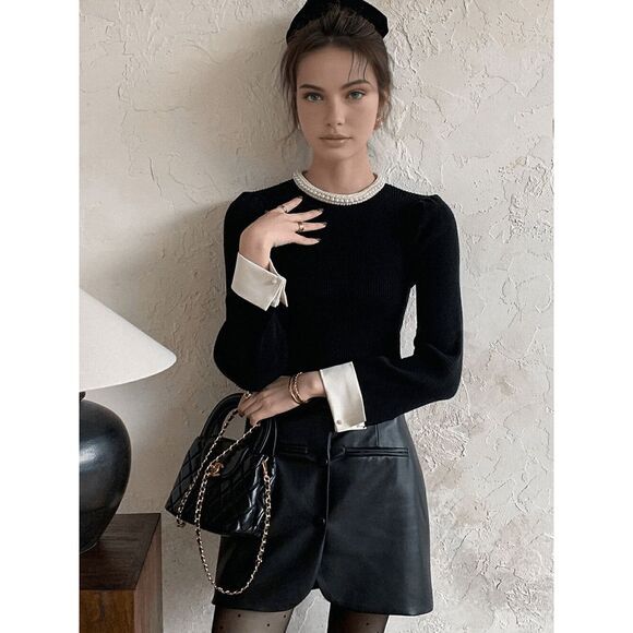 NWT Commense Contrast Trim Pearl-Detail Black Ribbed Slim Fit Pullover Sweater L - Picture 2 of 13